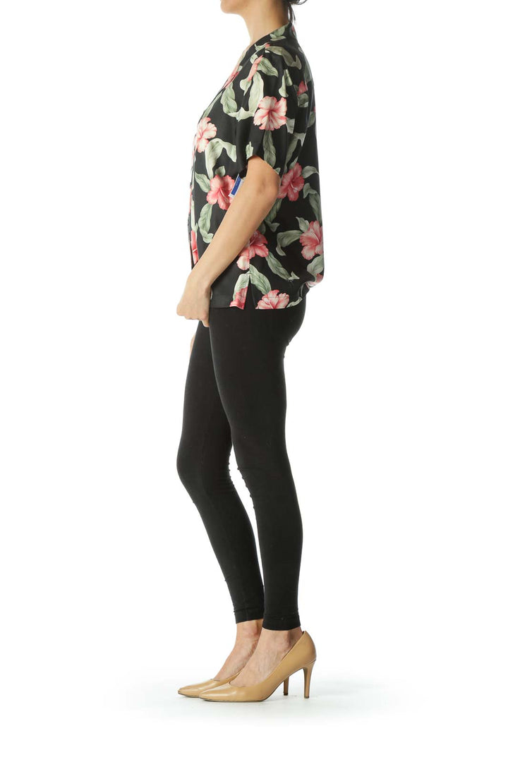 Black/Green/Pink 100% Silk Floral-Print Buttoned T-Shirt