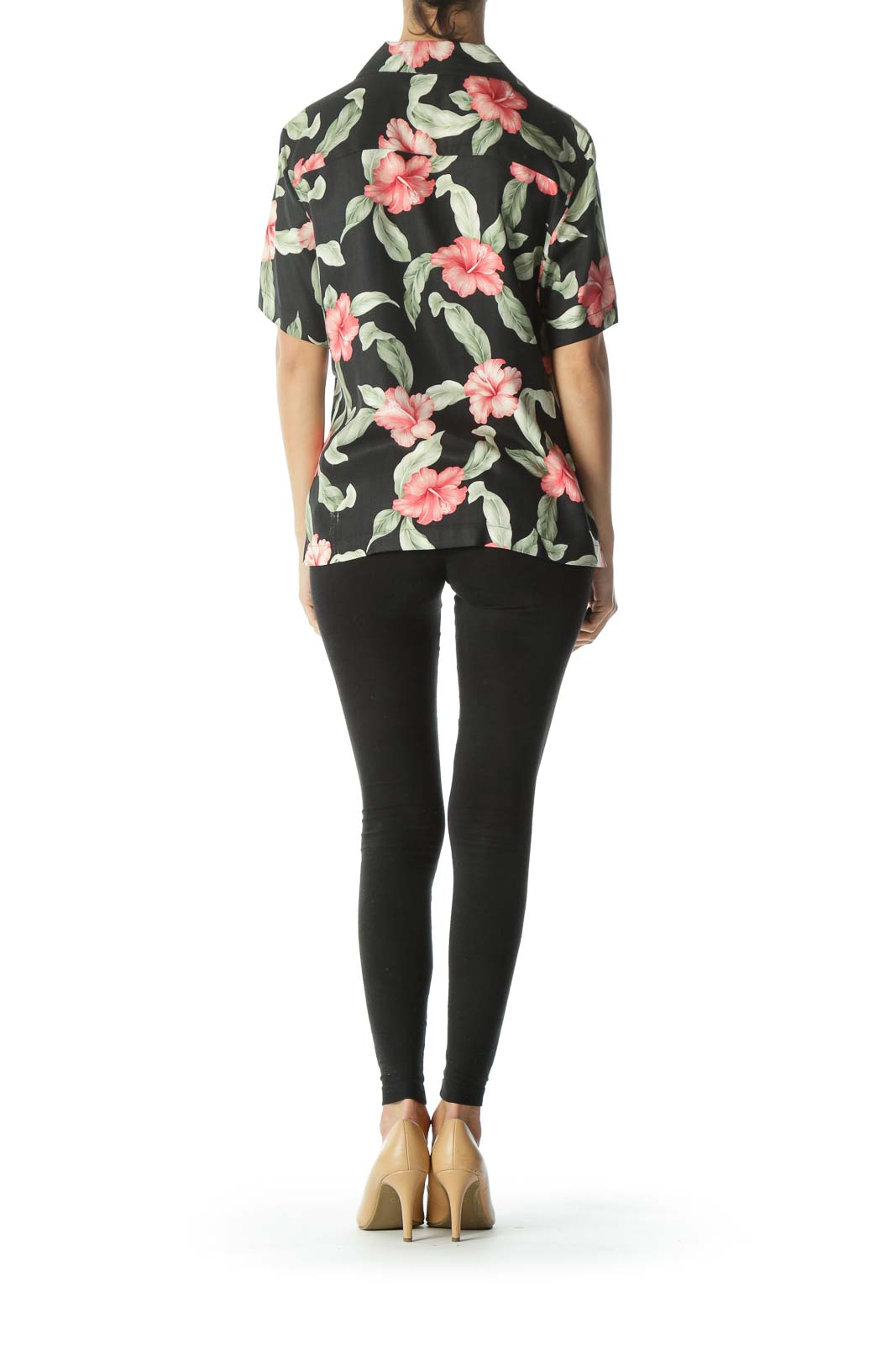 Black/Green/Pink 100% Silk Floral-Print Buttoned T-Shirt