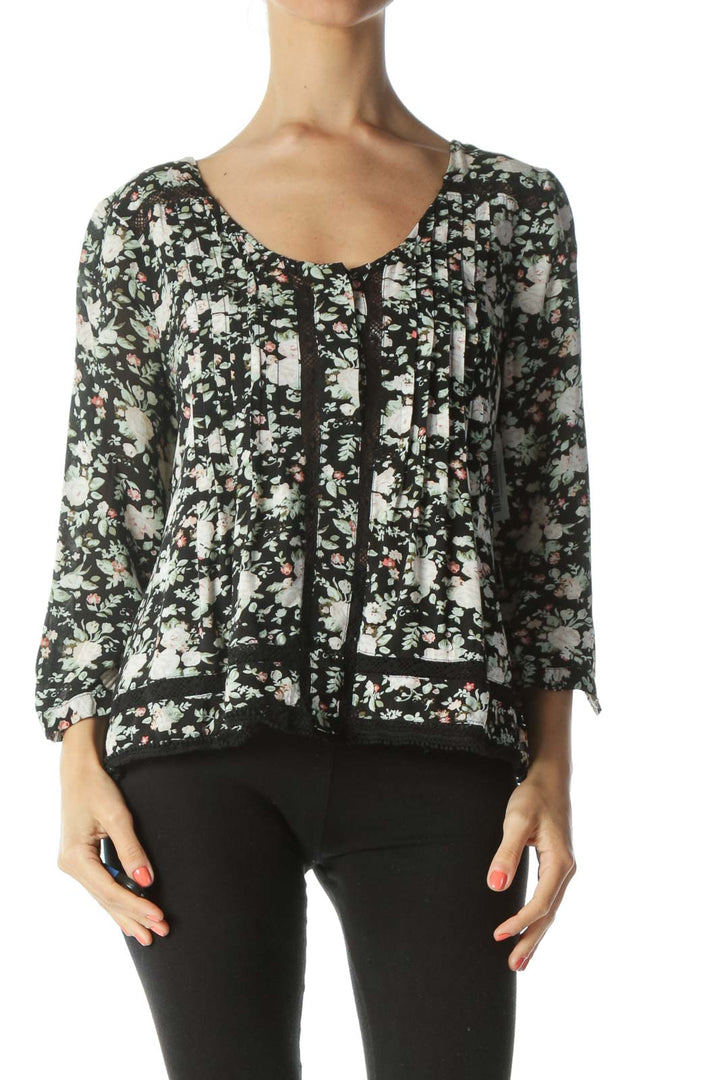 Black/Green/Pink Floral-Print See-Through-Knit Flared Blouse