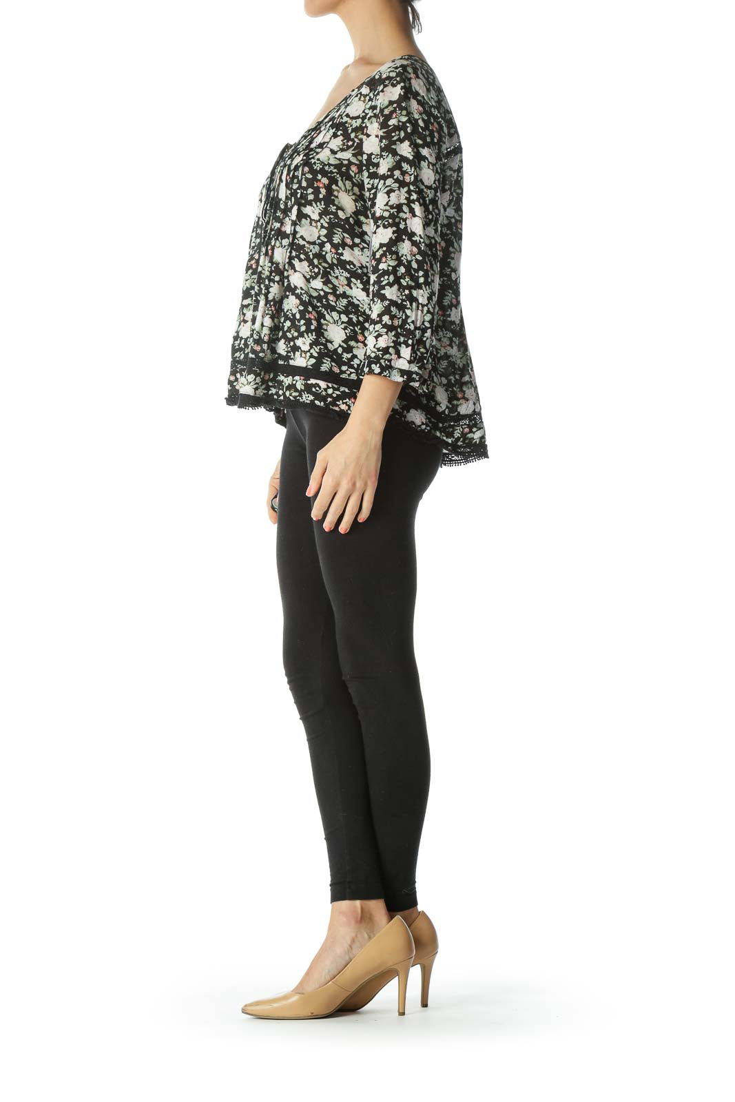 Black/Green/Pink Floral-Print See-Through-Knit Flared Blouse