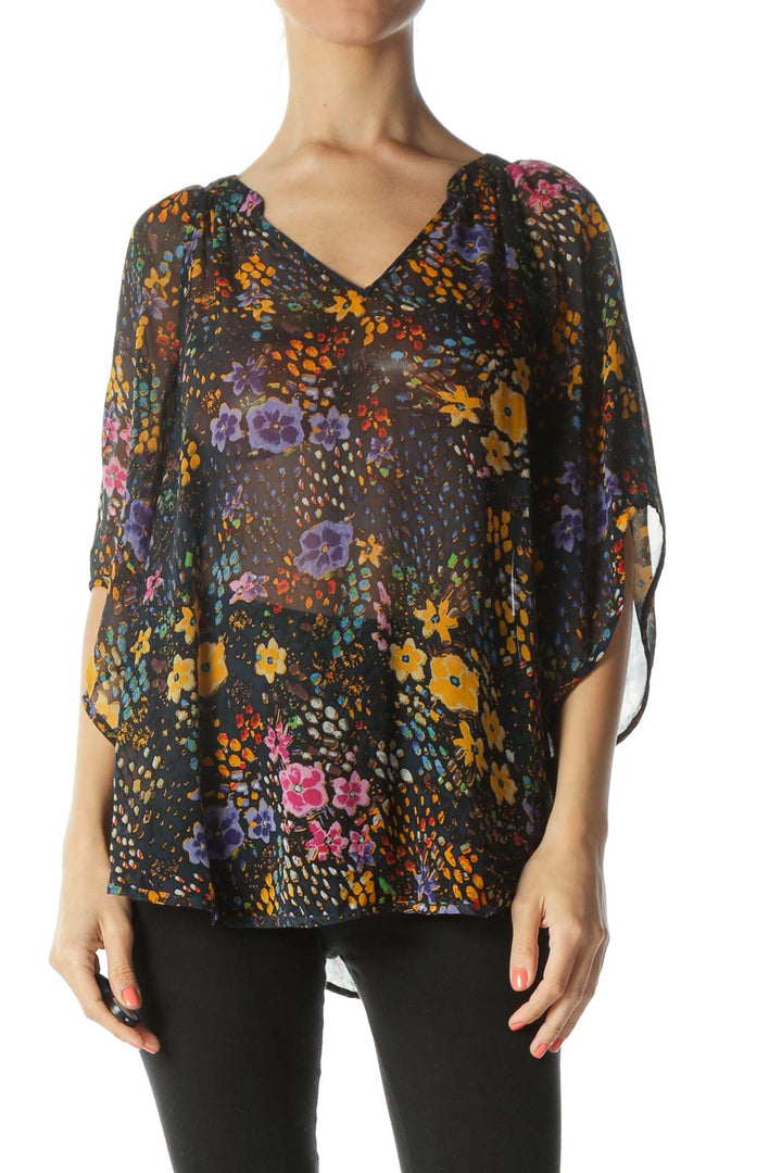 Multicolored 100% Silk Floral-Print See-Through Blouse