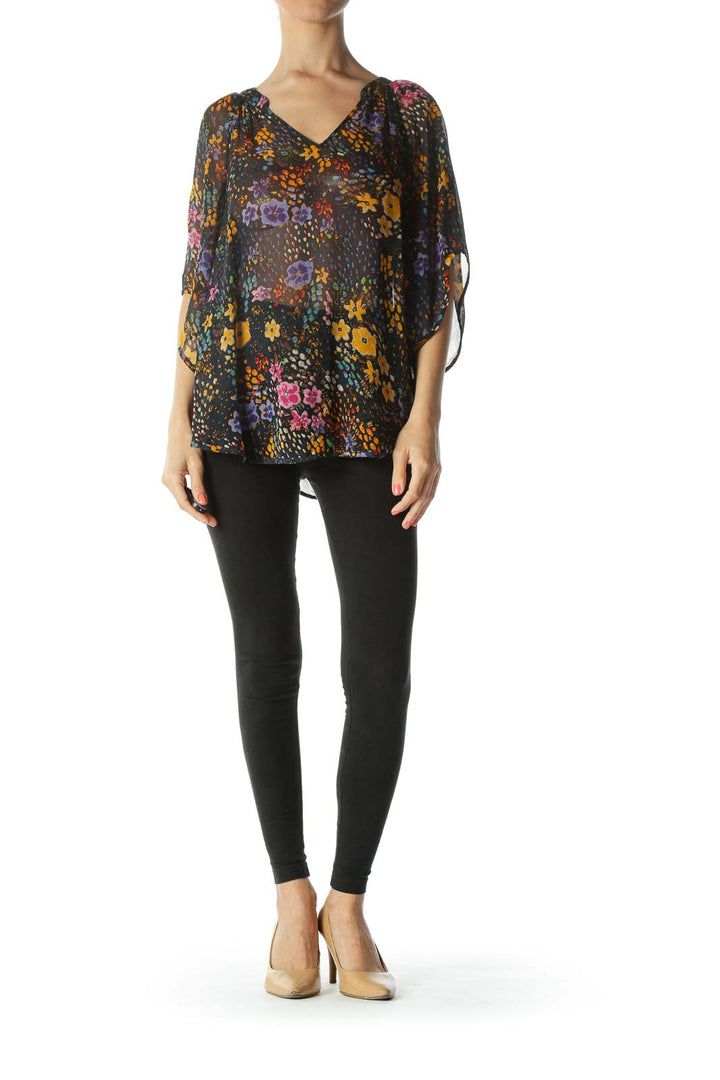 Multicolored 100% Silk Floral-Print See-Through Blouse