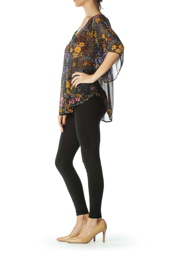 Multicolored 100% Silk Floral-Print See-Through Blouse