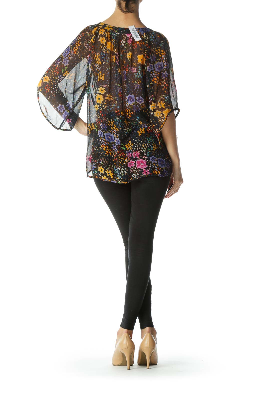 Multicolored 100% Silk Floral-Print See-Through Blouse