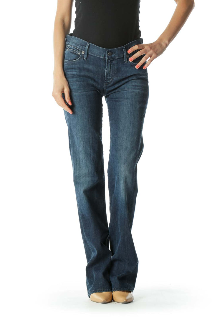 Blue Medium-Wash Light-Weight Straight-Leg Stretch Denim Jeans