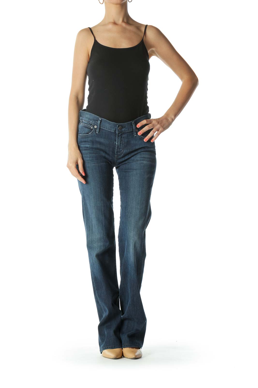 Blue Medium-Wash Light-Weight Straight-Leg Stretch Denim Jeans