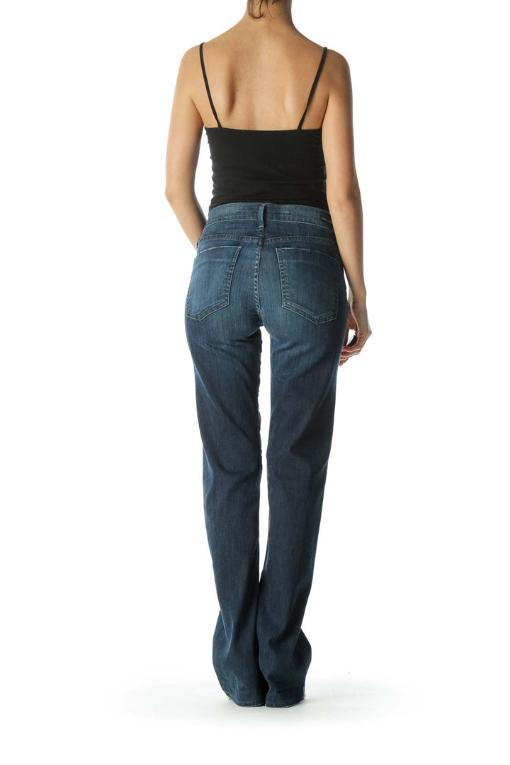 Blue Medium-Wash Light-Weight Straight-Leg Stretch Denim Jeans