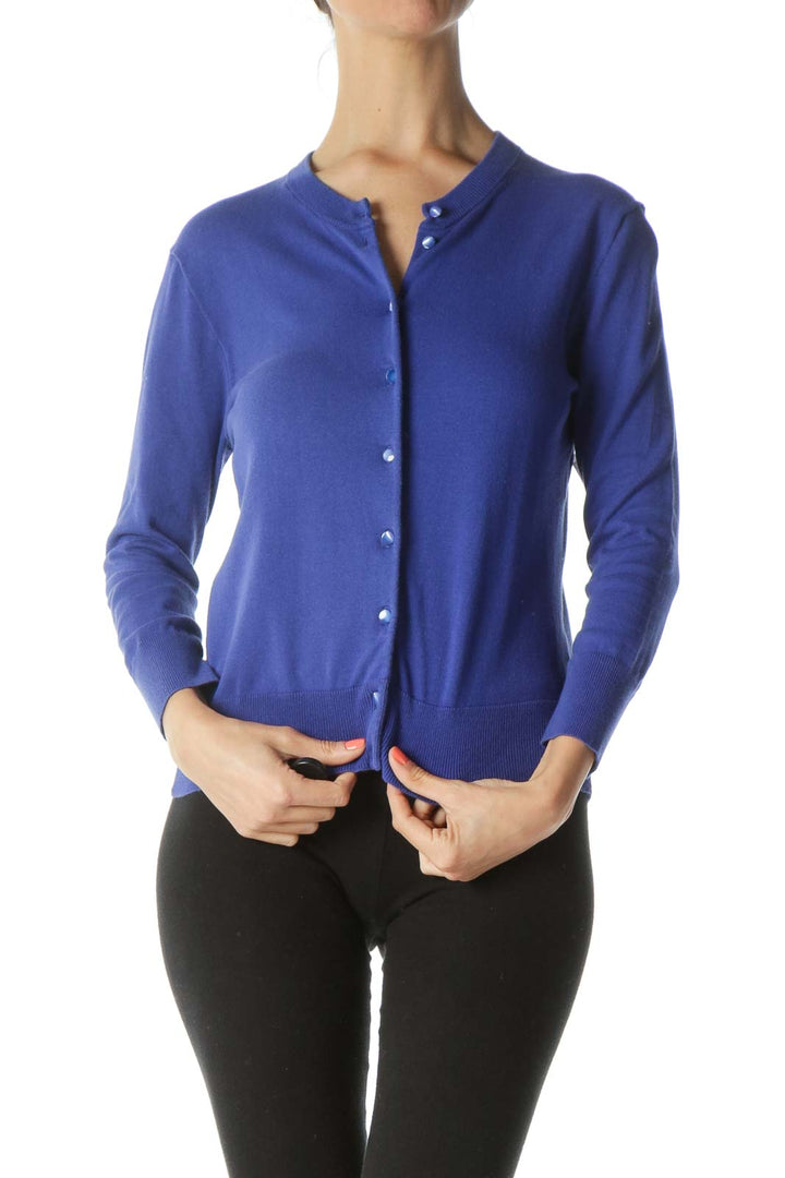 Blue Round-Neck Long-Sleeve Buttoned Sweater