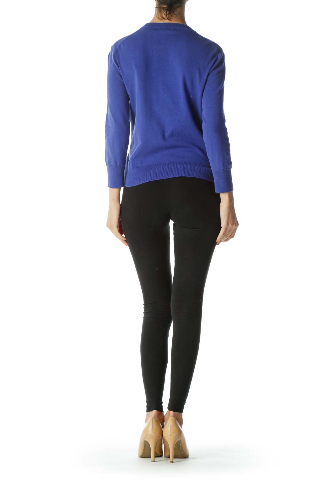 Blue Round-Neck Long-Sleeve Buttoned Sweater