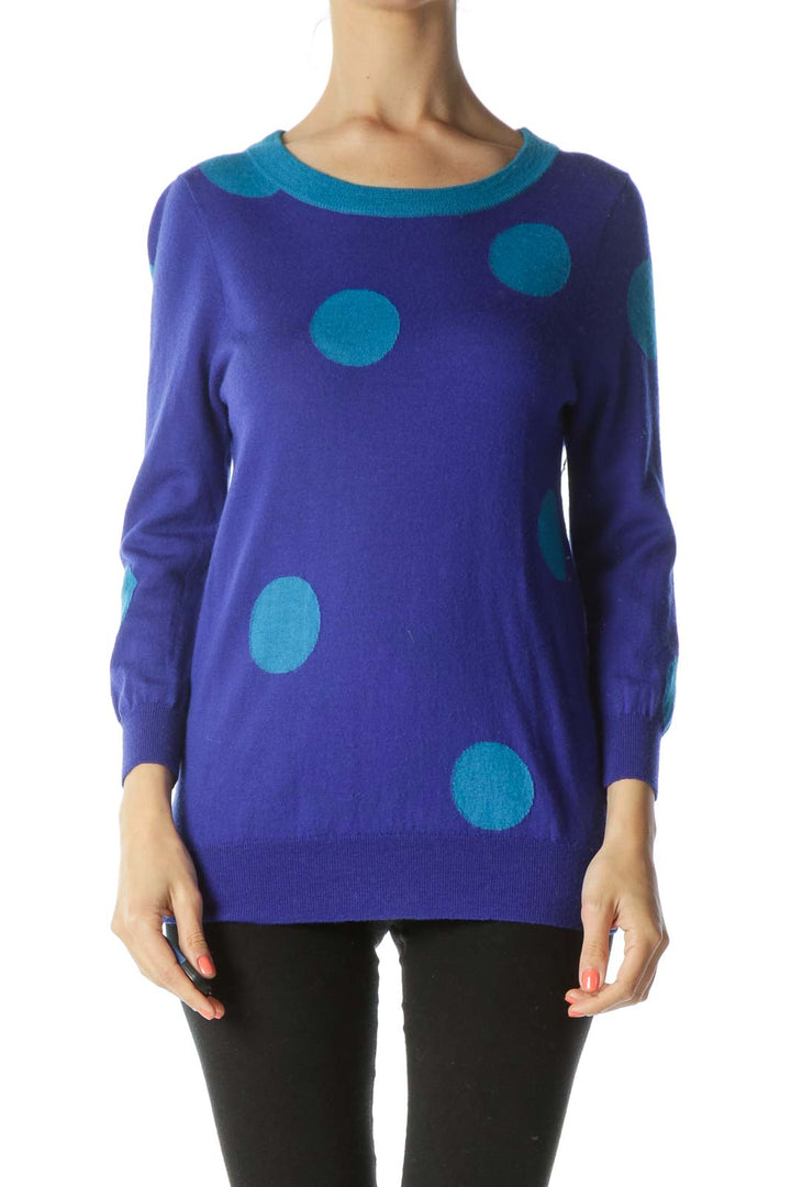 Blue 100% Merino Wool Knit Polka-Dot Pullover Sweater