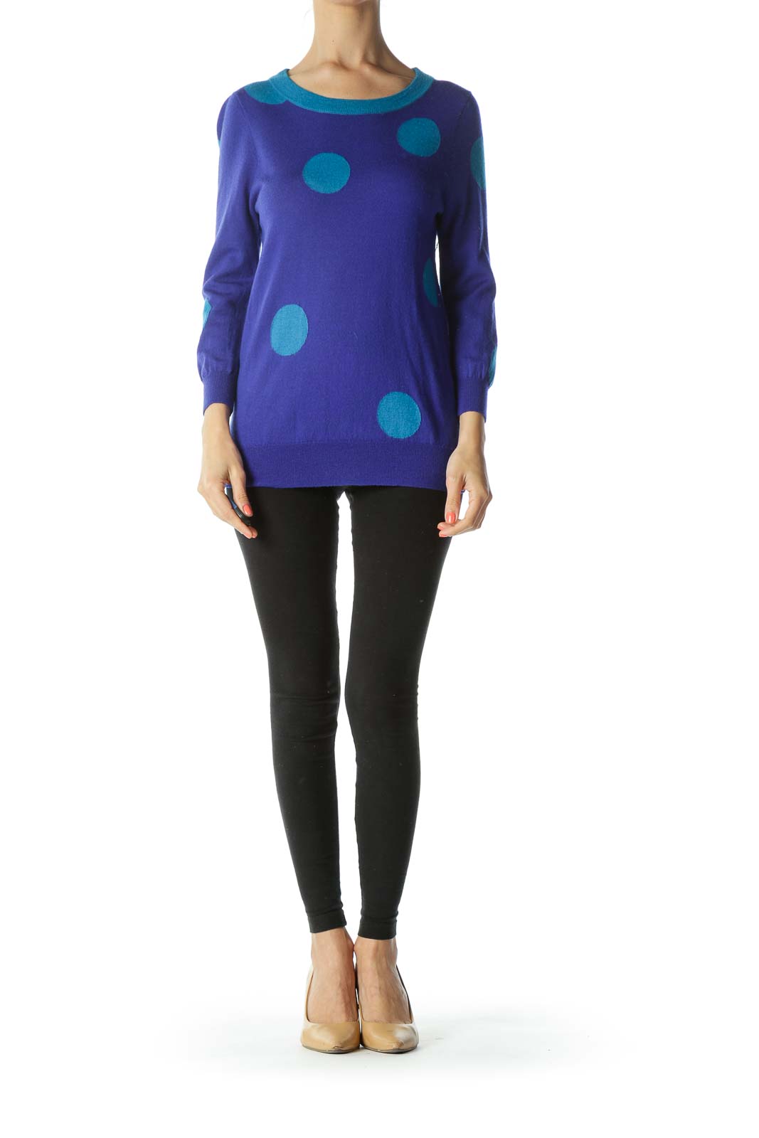 Blue 100% Merino Wool Knit Polka-Dot Pullover Sweater