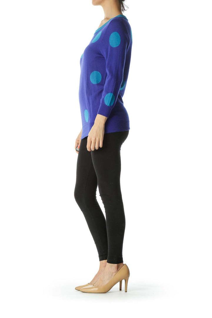 Blue 100% Merino Wool Knit Polka-Dot Pullover Sweater