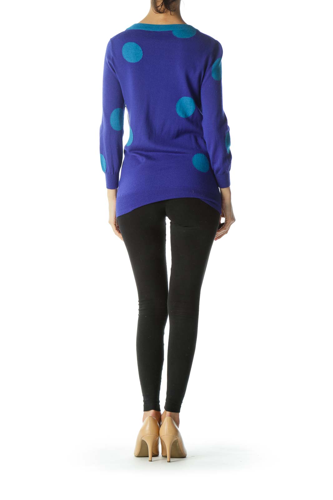 Blue 100% Merino Wool Knit Polka-Dot Pullover Sweater