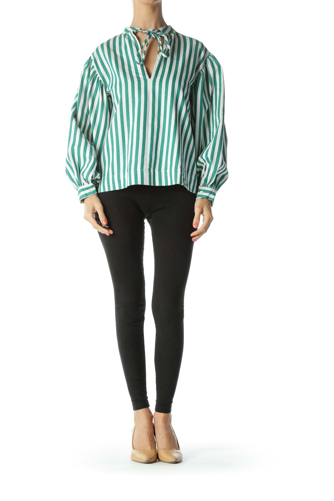 Emerald-Green/White Striped Neck-Back-Tie Top