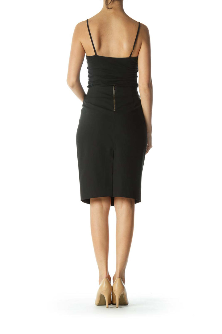 Black Back-Visible-Zipper-Detail Leg-Slit Pencil Skirt