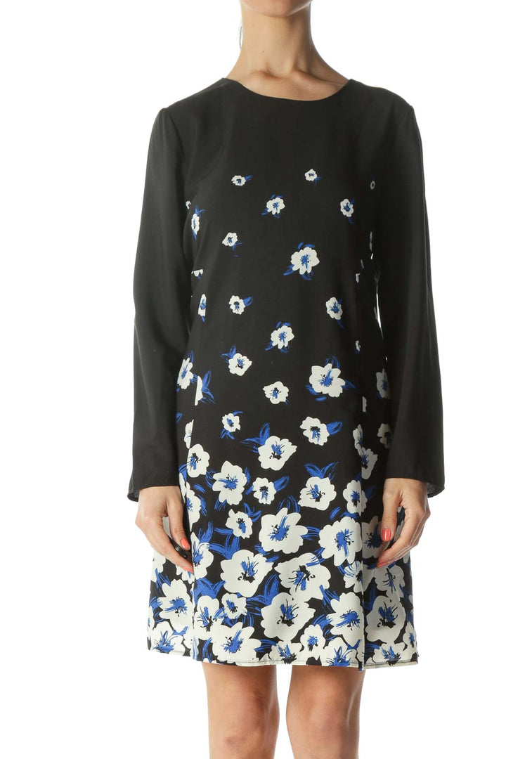 Black/Blue/White Floral-Print Keyhole-Back Work Dress