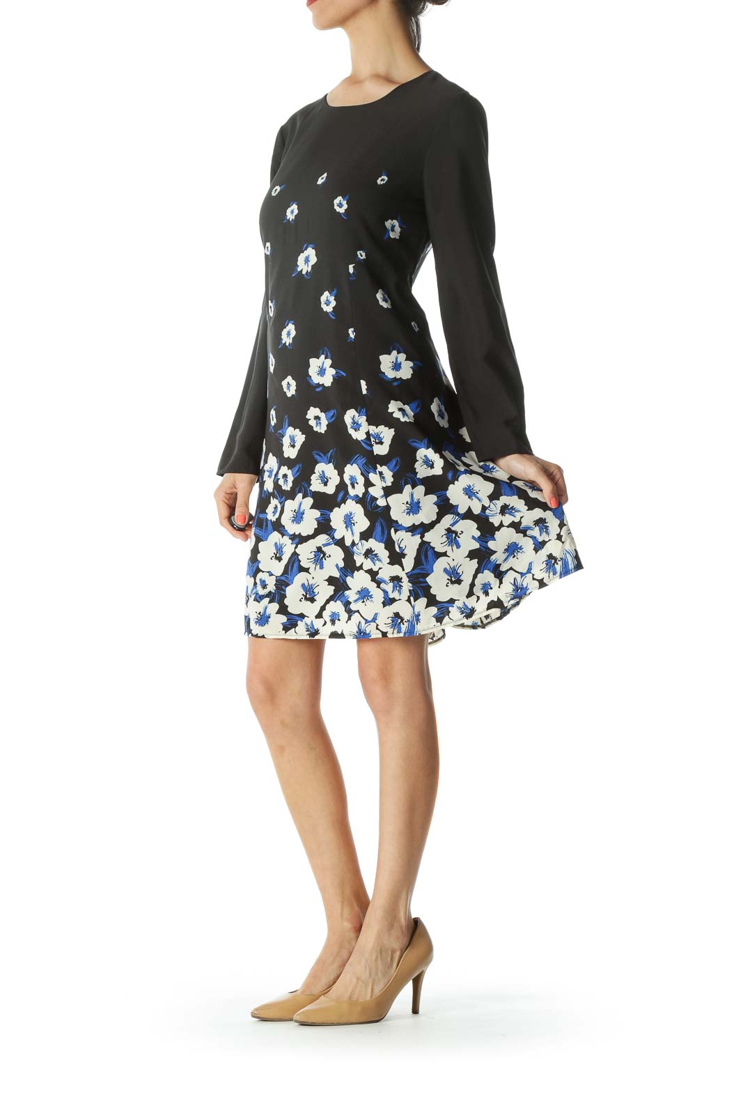 Black/Blue/White Floral-Print Keyhole-Back Work Dress