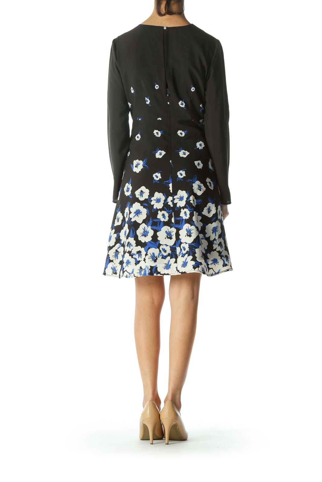 Black/Blue/White Floral-Print Keyhole-Back Work Dress