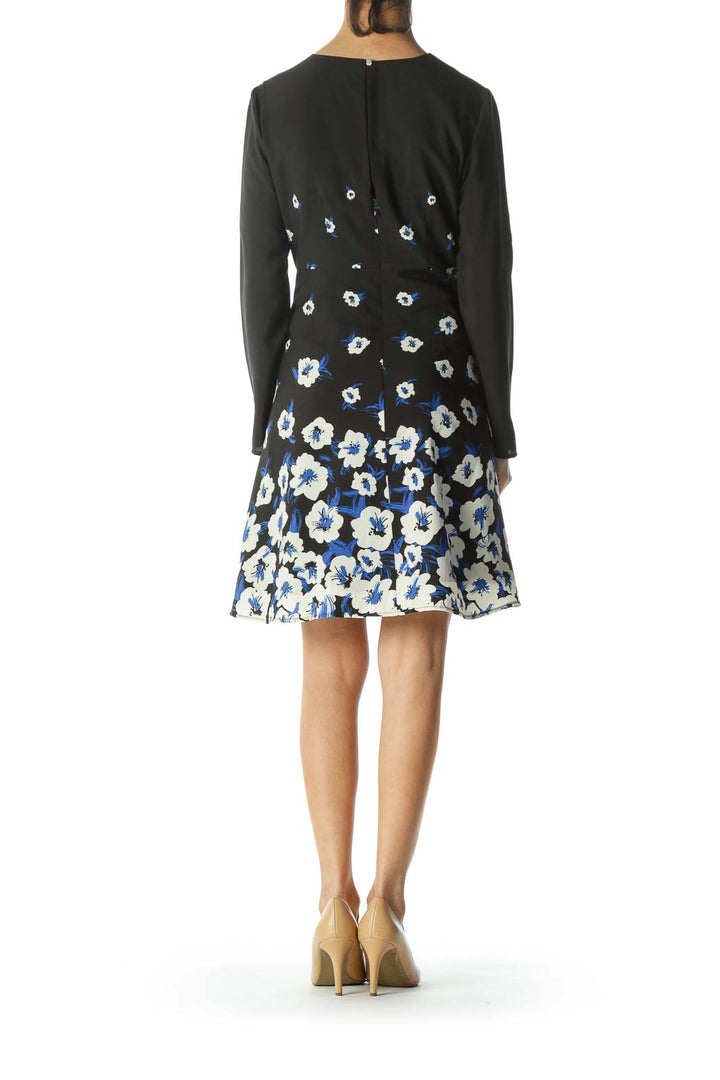 Black/Blue/White Floral-Print Keyhole-Back Work Dress