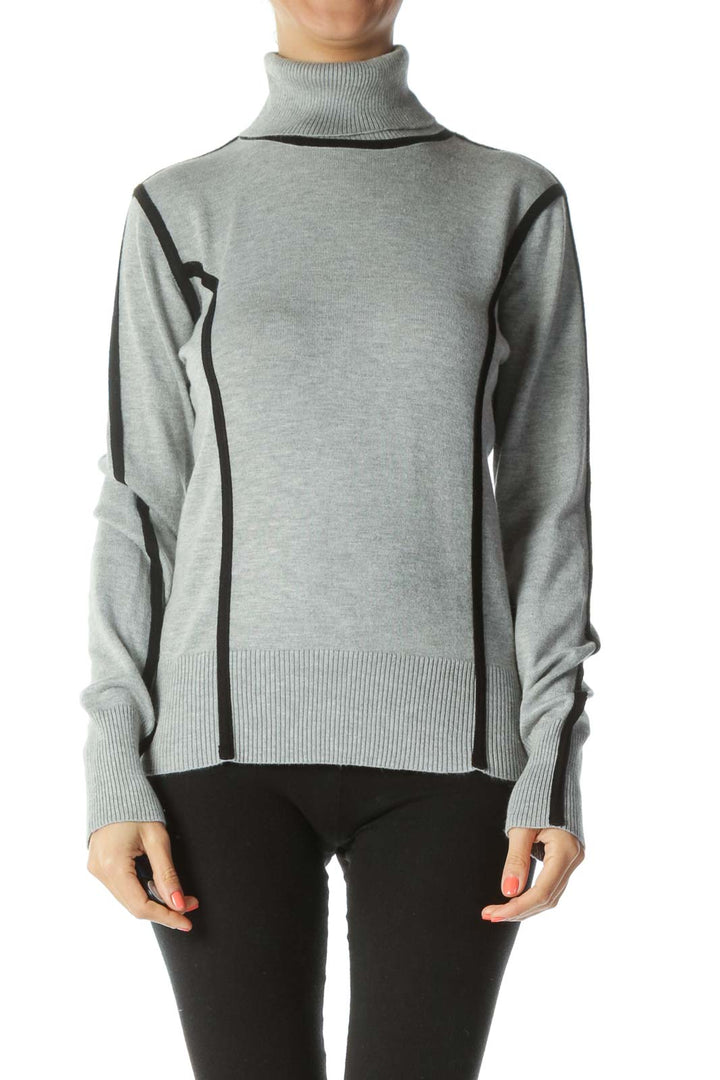 Black/Gray Turtle-Neck Contrasting-Piping Sweater