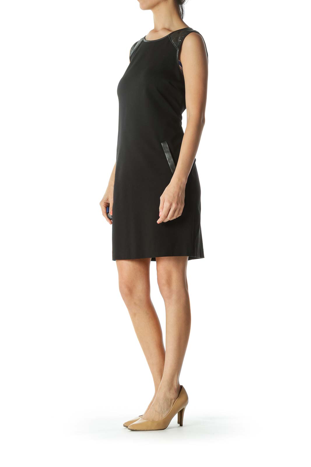 Black Faux-Leather Patched Shift Dress