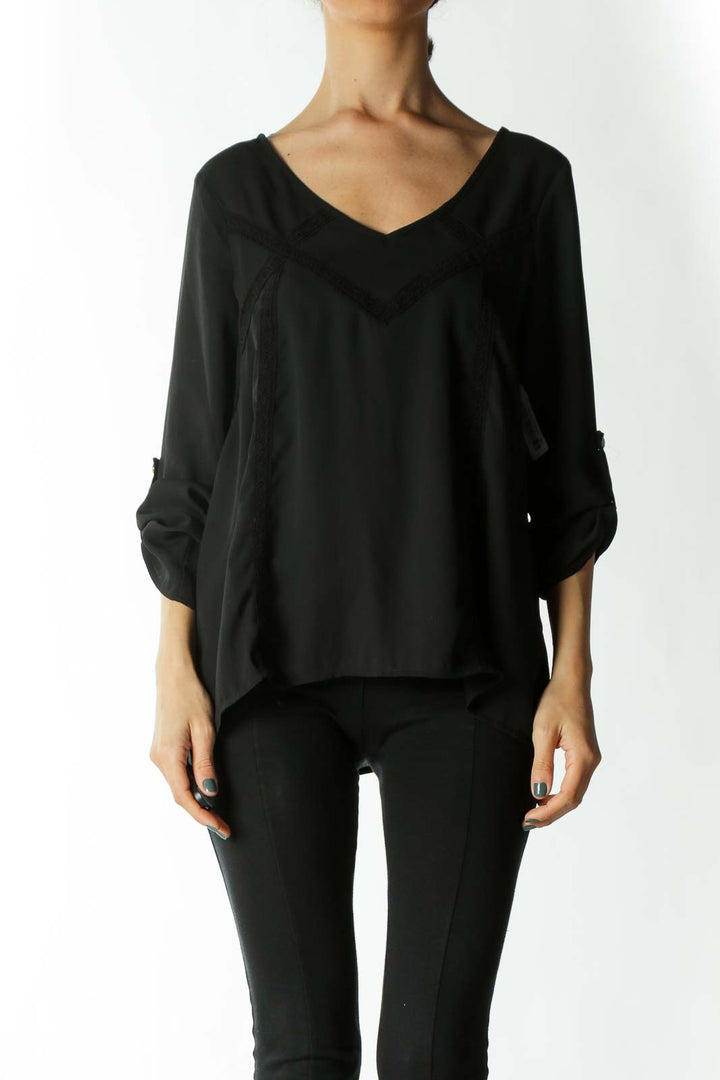 Black Translucent Lace-Detailing Back-Strap Long-Sleeve Blouse