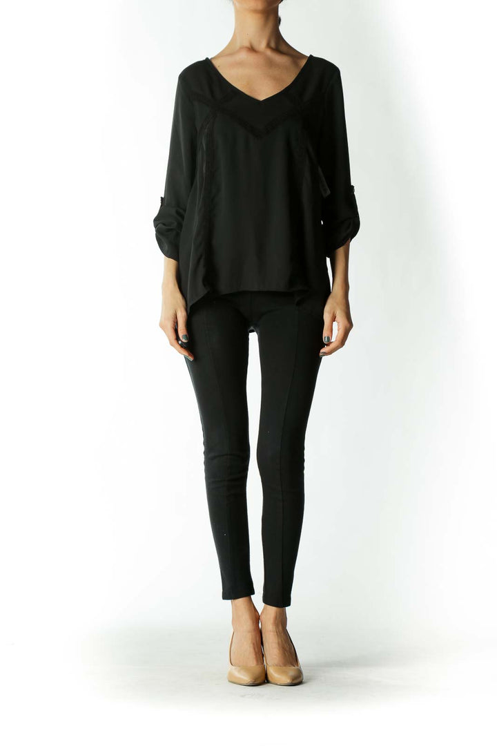 Black Translucent Lace-Detailing Back-Strap Long-Sleeve Blouse