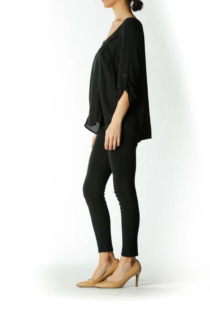 Black Translucent Lace-Detailing Back-Strap Long-Sleeve Blouse