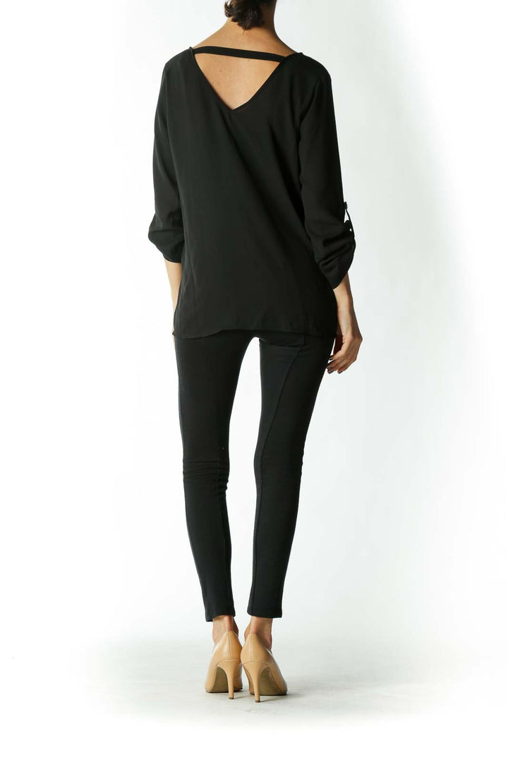 Black Translucent Lace-Detailing Back-Strap Long-Sleeve Blouse