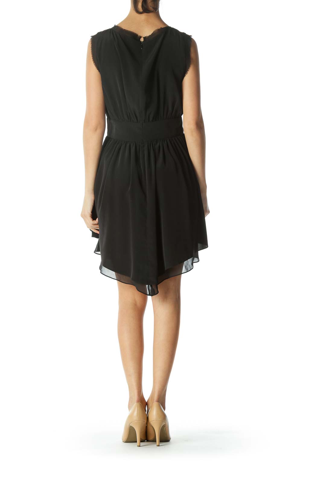 Black V-Neck Raw-Hem Cinched-Waist Flared Cocktail Dress