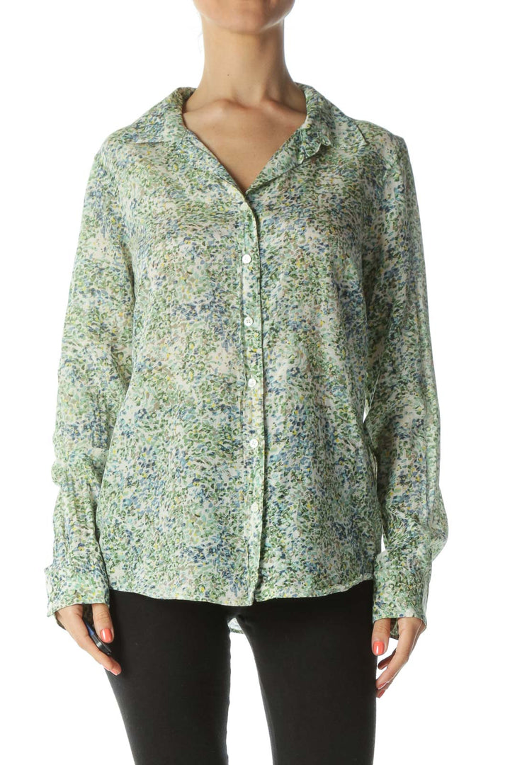 Blue/Green/Yellow Floral-Print Buttoned Long-Sleeve Shirt