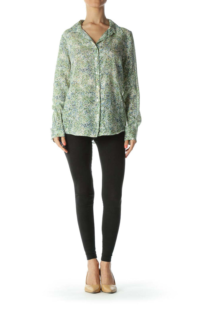 Blue/Green/Yellow Floral-Print Buttoned Long-Sleeve Shirt