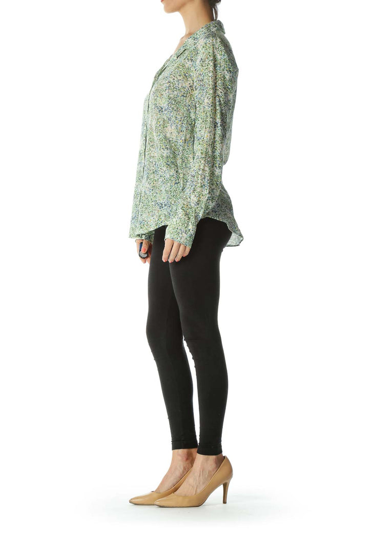 Blue/Green/Yellow Floral-Print Buttoned Long-Sleeve Shirt