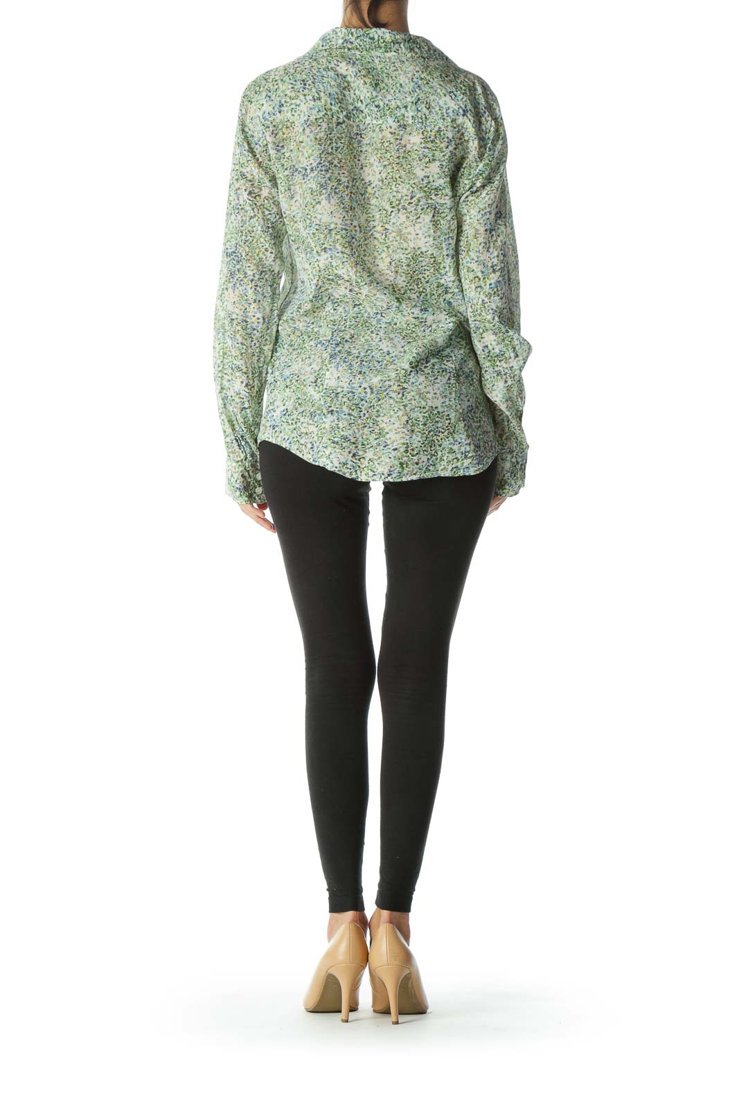 Blue/Green/Yellow Floral-Print Buttoned Long-Sleeve Shirt