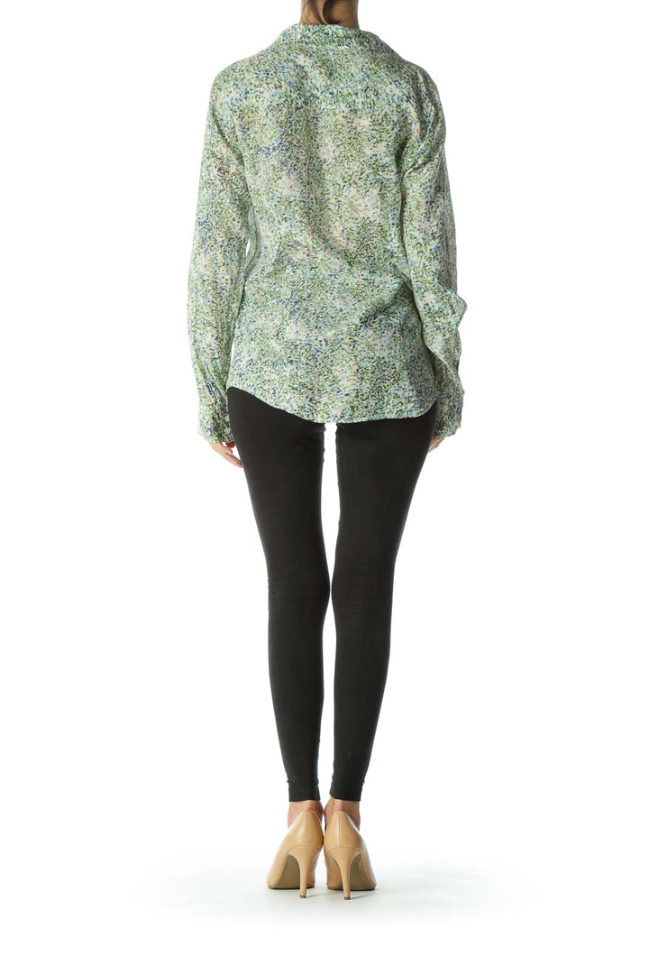 Blue/Green/Yellow Floral-Print Buttoned Long-Sleeve Shirt