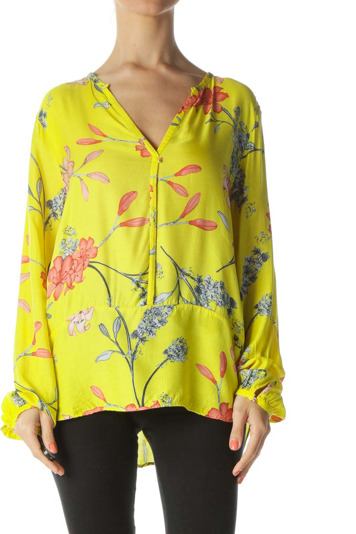 Yellow/Orange/Black Floral-Print Front Gold-Button Detail Blouse