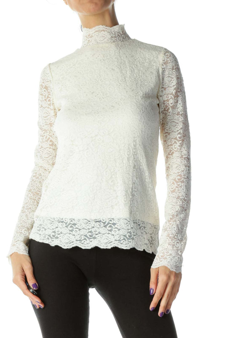 White Mock Neck Lace Long Sleeve Top