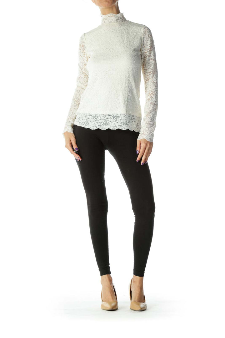 White Mock Neck Lace Long Sleeve Top