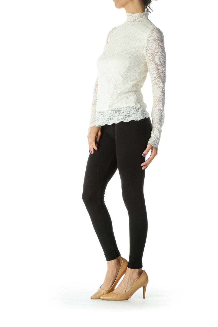 White Mock Neck Lace Long Sleeve Top