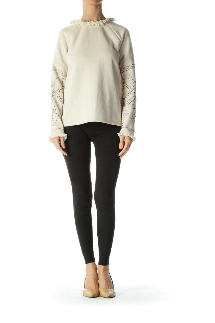 Cream Fringed-Neckline Bejewel-Sleeved Long-Sleeve Sweater