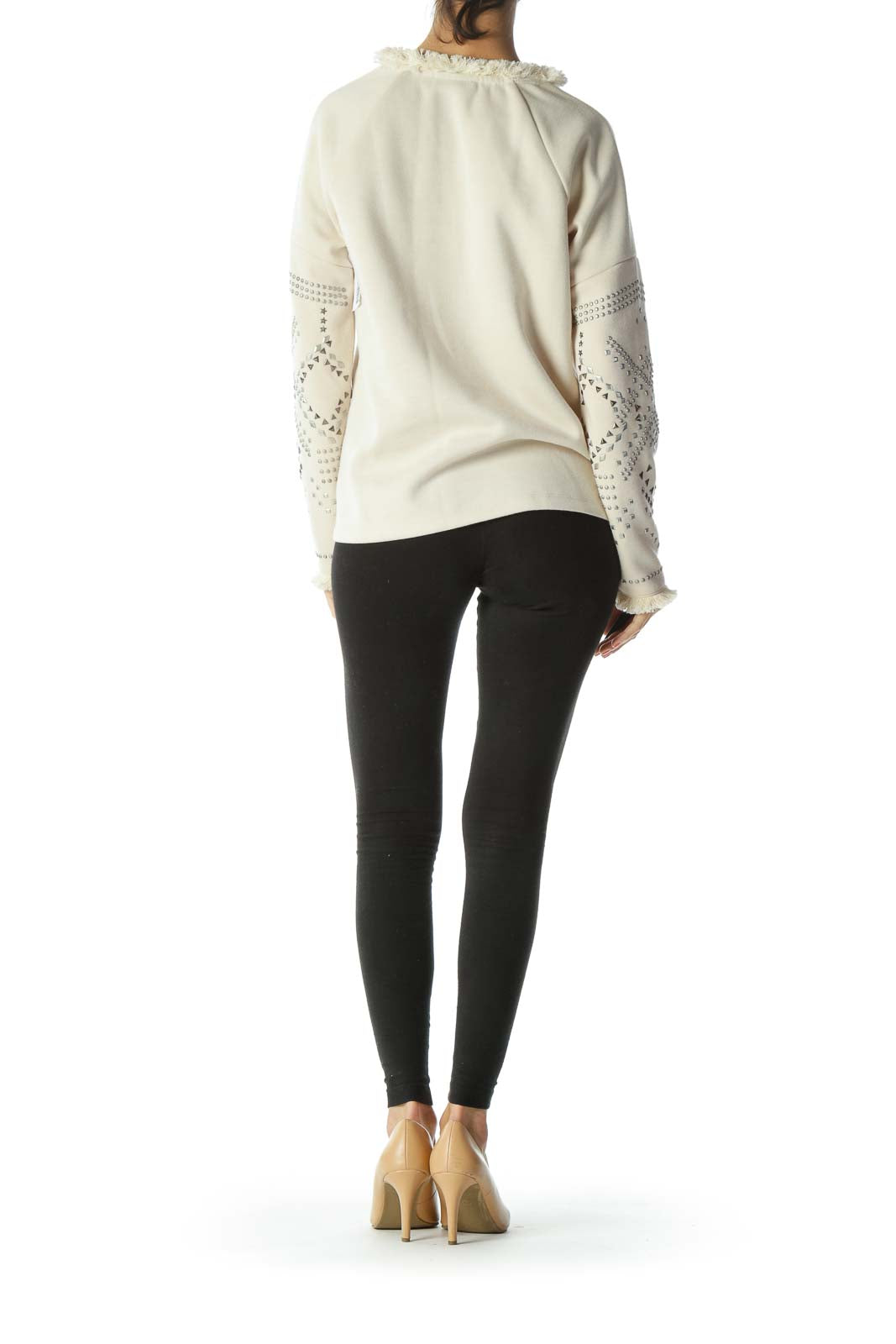 Cream Fringed-Neckline Bejewel-Sleeved Long-Sleeve Sweater