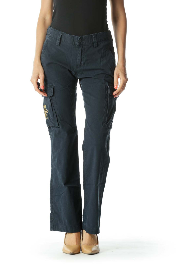 Navy Cargo Pants with Leg Pockets and Gold Embroiderey