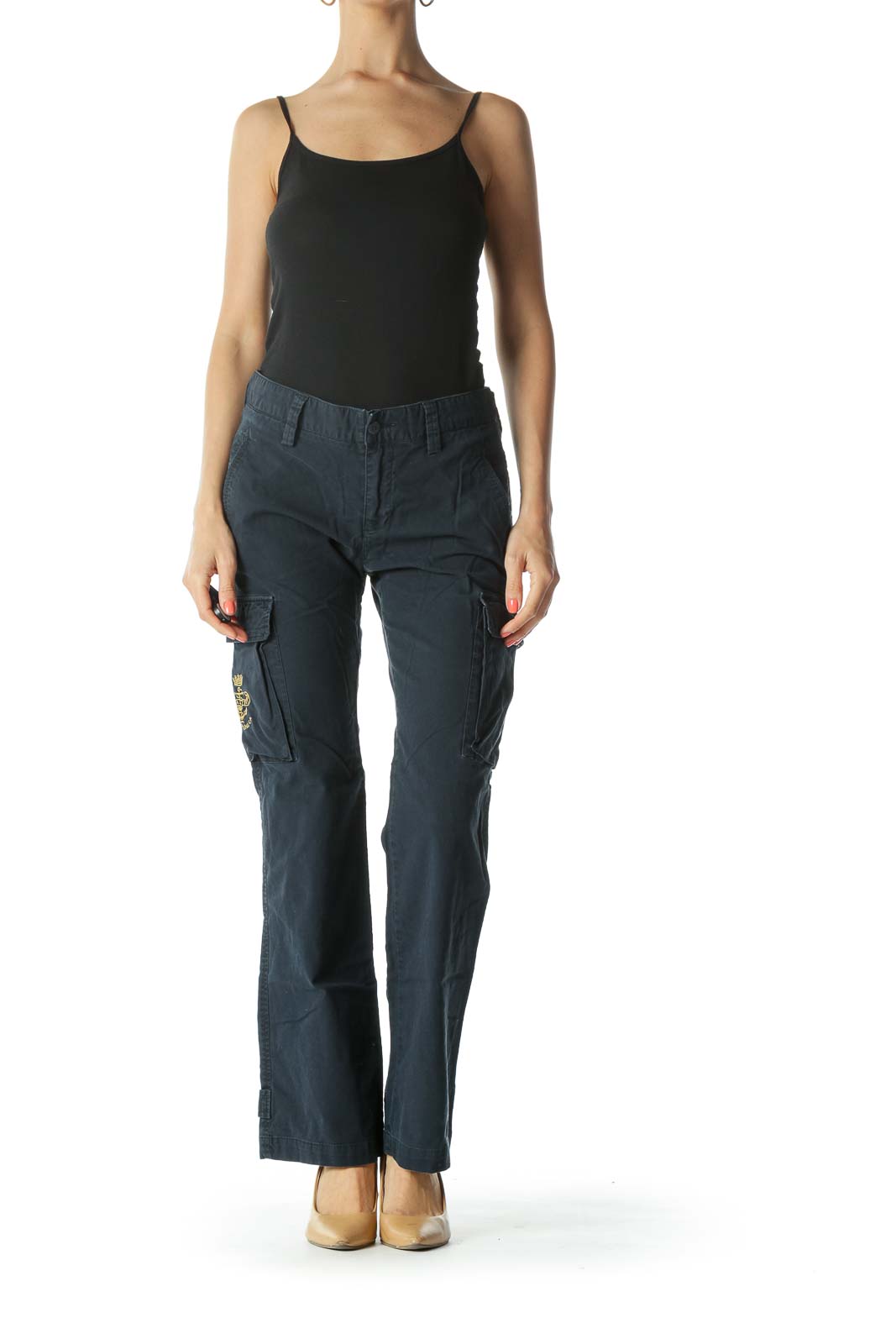 Navy Cargo Pants with Leg Pockets and Gold Embroiderey