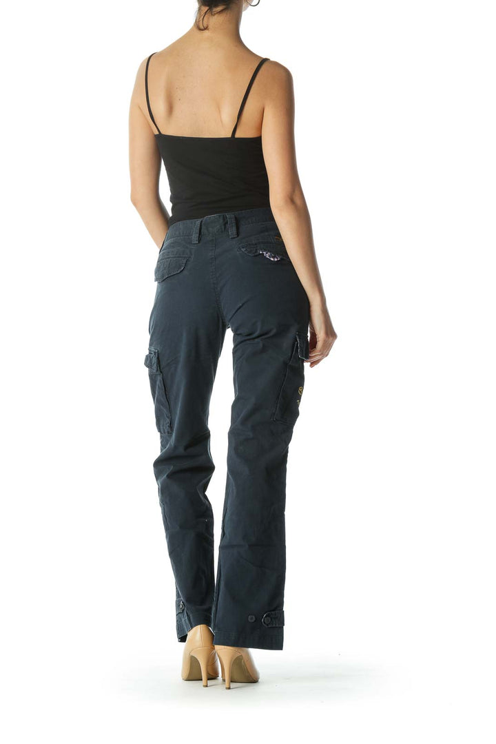 Navy Cargo Pants with Leg Pockets and Gold Embroiderey