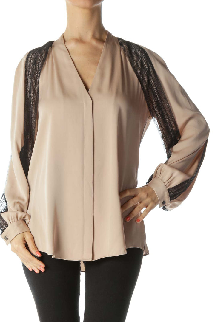 Beige Silk Black-Lace-Sleeved Long-Sleeve Blouse