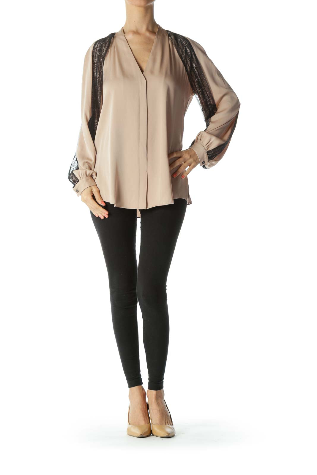 Beige Silk Black-Lace-Sleeved Long-Sleeve Blouse