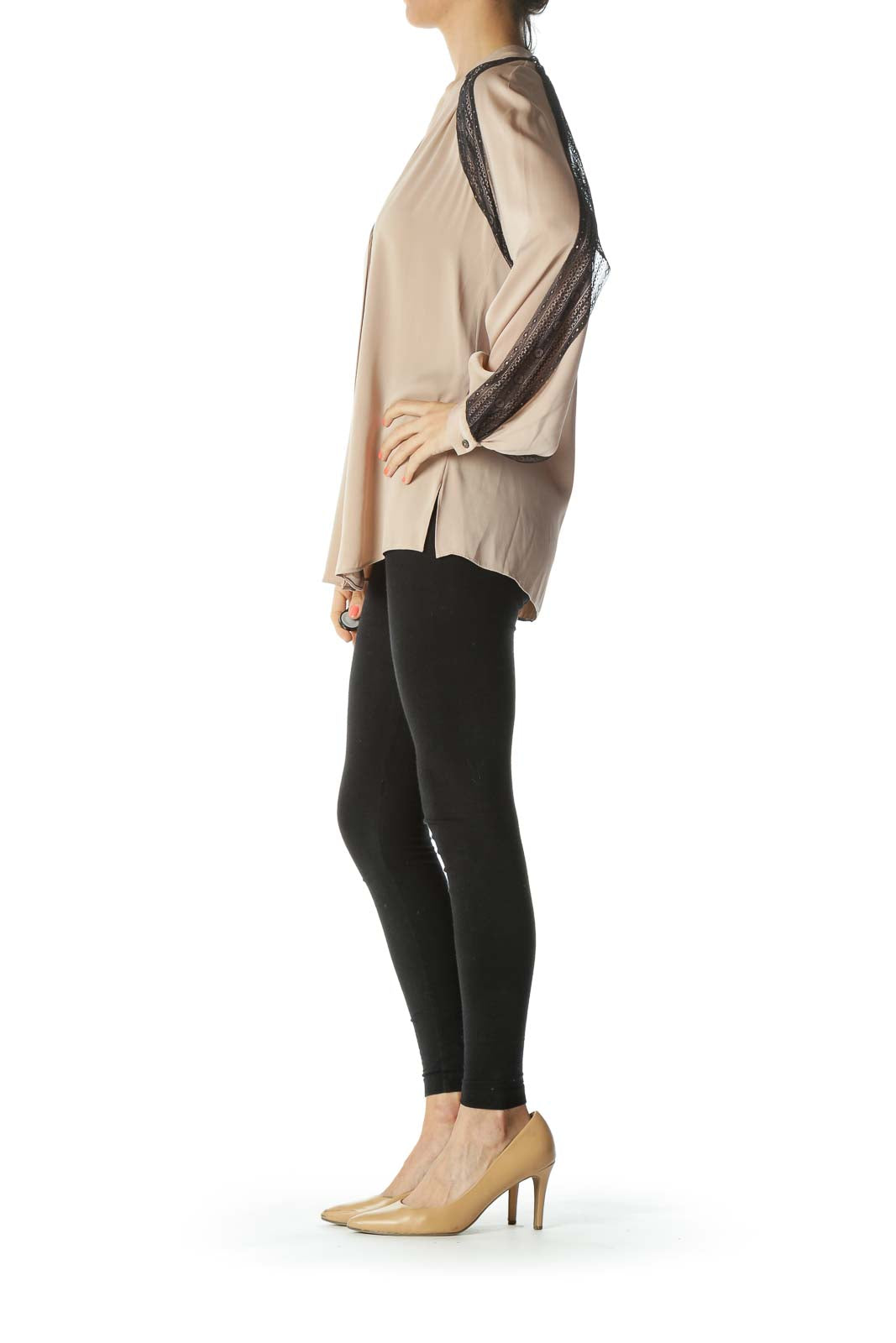 Beige Silk Black-Lace-Sleeved Long-Sleeve Blouse