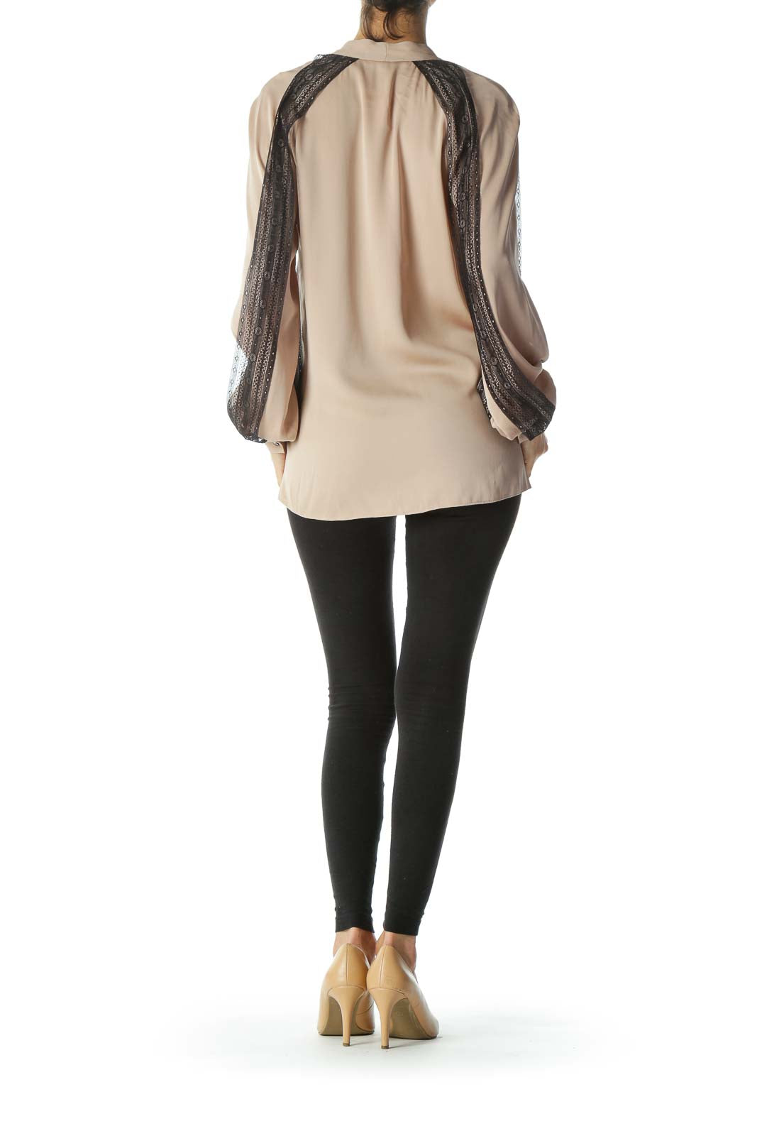 Beige Silk Black-Lace-Sleeved Long-Sleeve Blouse