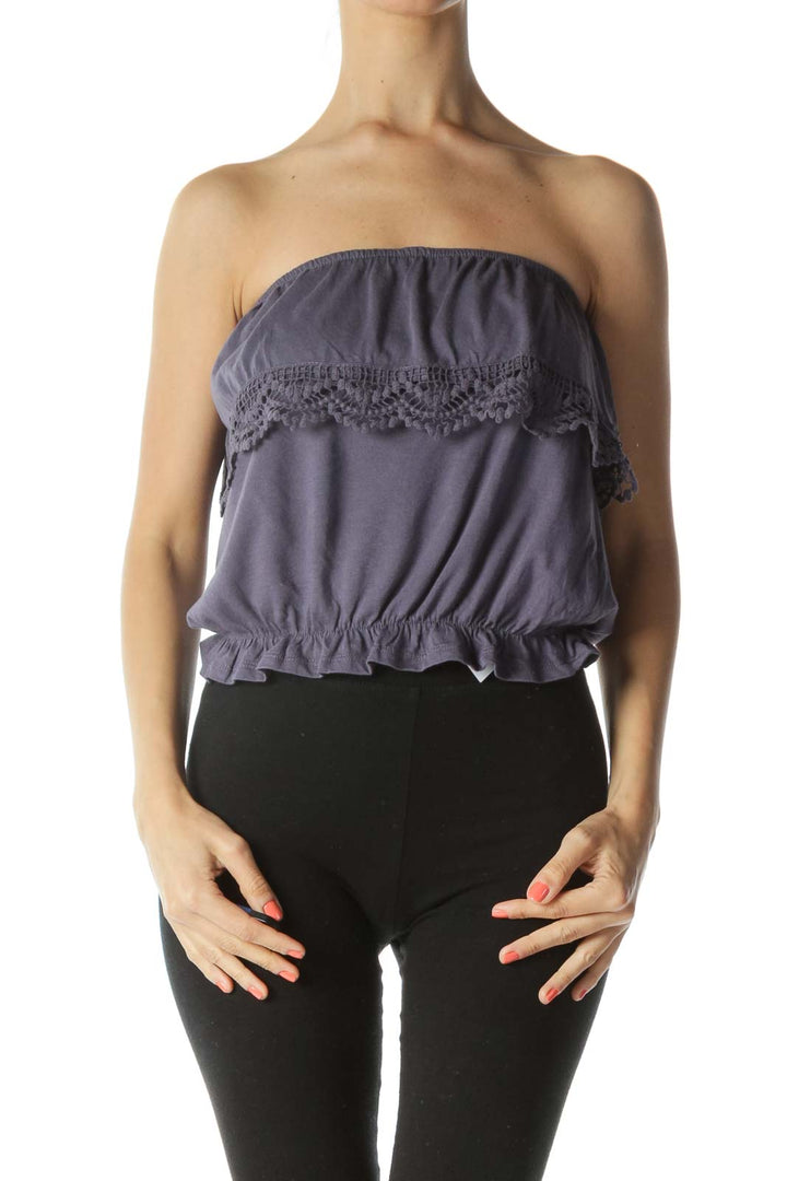 Purple Crocheted Ruffle-Detail Strapless Flared Top