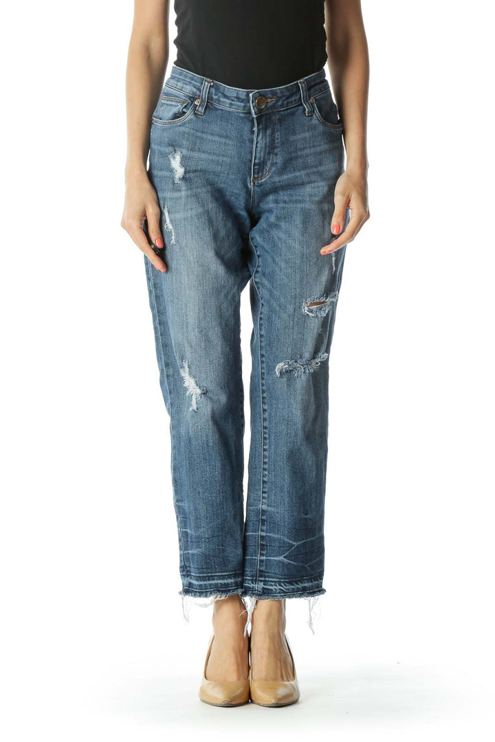 Blue Medium-Wash Distressed Cropped Boyfriend Denim Jeans